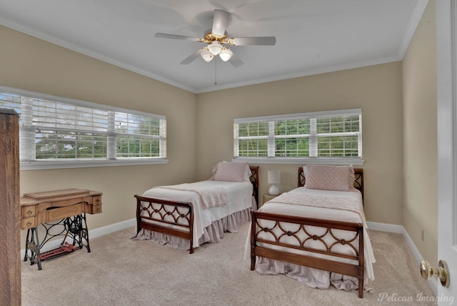 bedroom with light carpet, ornamental molding, and ceiling fan