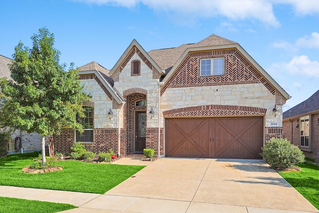 view of front of house with a front yard and a garage