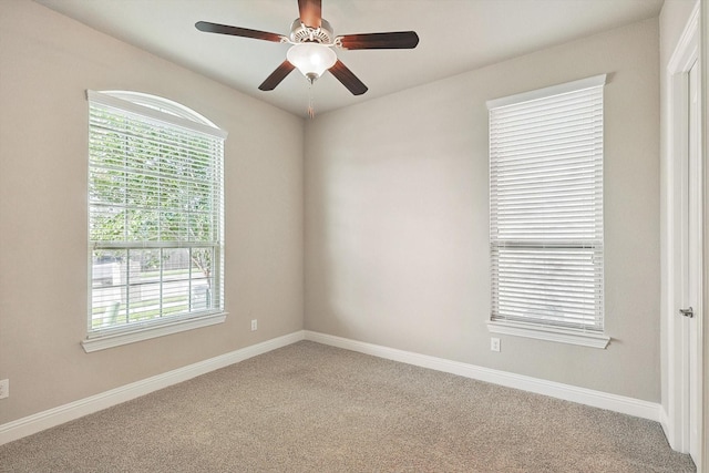 empty room featuring ceiling fan and carpet