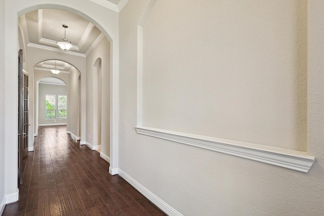 corridor with crown molding and dark wood-type flooring