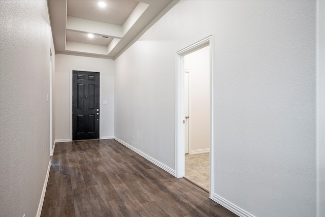 entryway with wood-type flooring and a raised ceiling