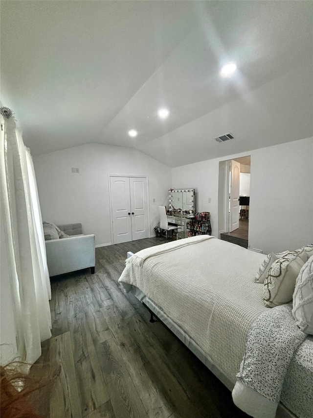 bedroom featuring a closet, vaulted ceiling, and dark hardwood / wood-style flooring