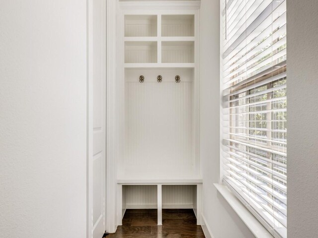 mudroom with dark wood-type flooring