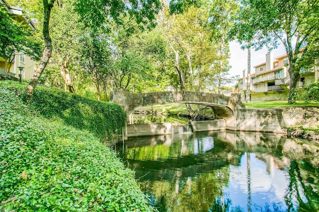 view of community with a water view