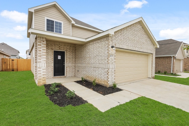 traditional home featuring a garage, concrete driveway, fence, a front lawn, and brick siding