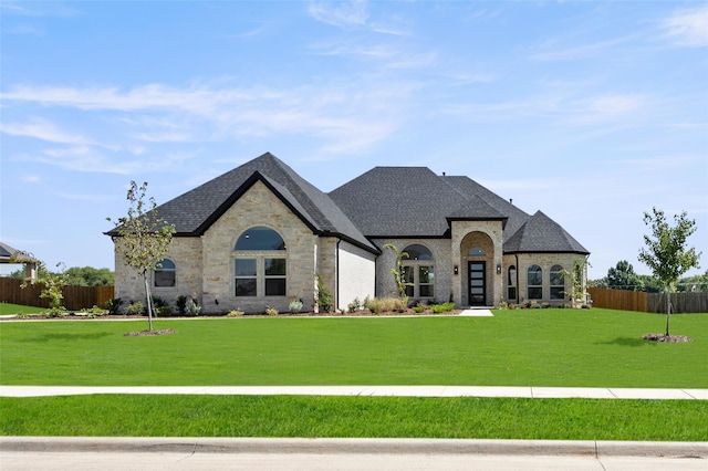 french provincial home featuring a front lawn