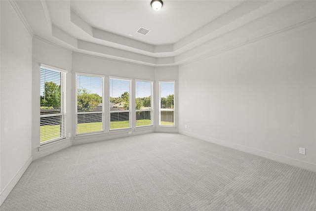 carpeted empty room featuring ornamental molding and a tray ceiling