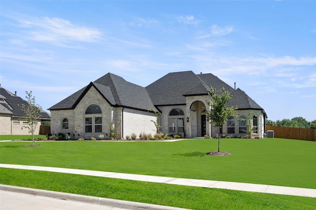 french country inspired facade featuring central AC and a front yard