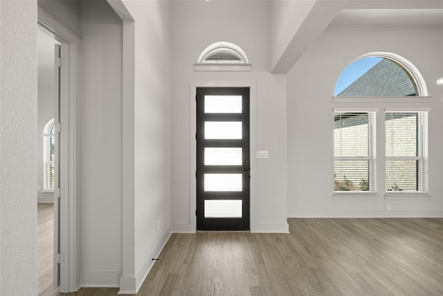 entryway with light wood-type flooring, a towering ceiling, and ornamental molding