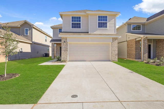 view of front facade with cooling unit, a garage, and a front lawn