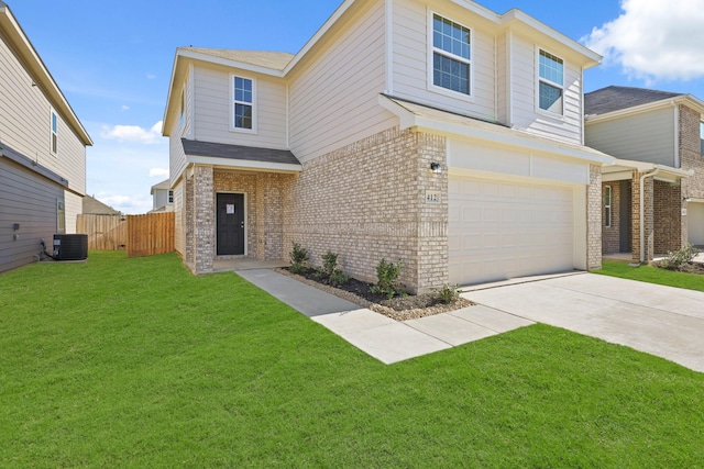 view of front of property with a front yard, a garage, and cooling unit