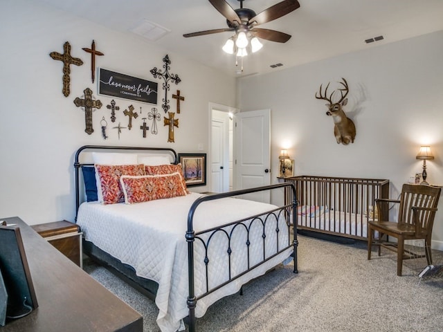 bedroom featuring carpet and ceiling fan