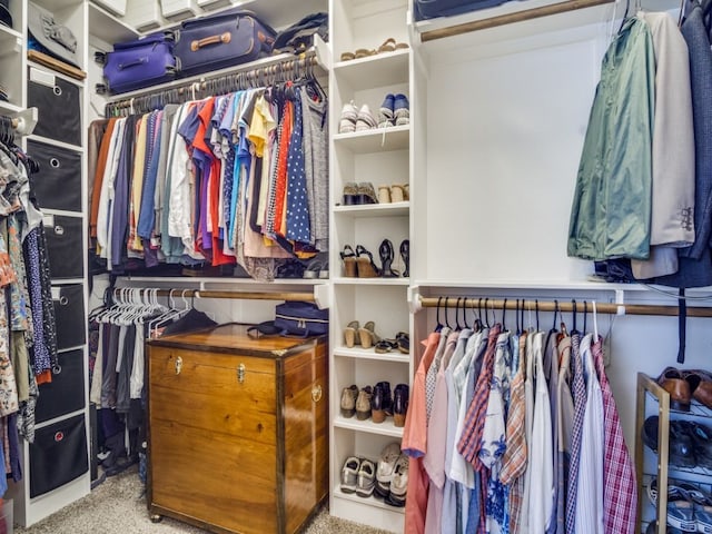 walk in closet featuring light colored carpet