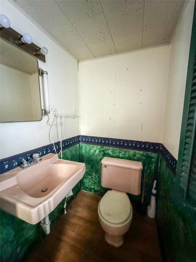 bathroom featuring toilet, a wainscoted wall, a sink, and wood finished floors