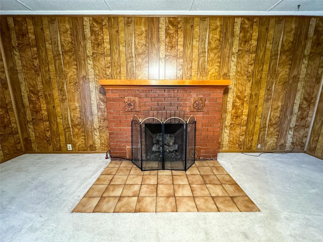 details featuring carpet floors, wood walls, and a fireplace