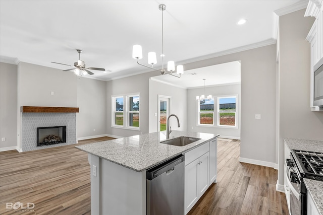 kitchen with appliances with stainless steel finishes, an island with sink, white cabinetry, light hardwood / wood-style flooring, and sink