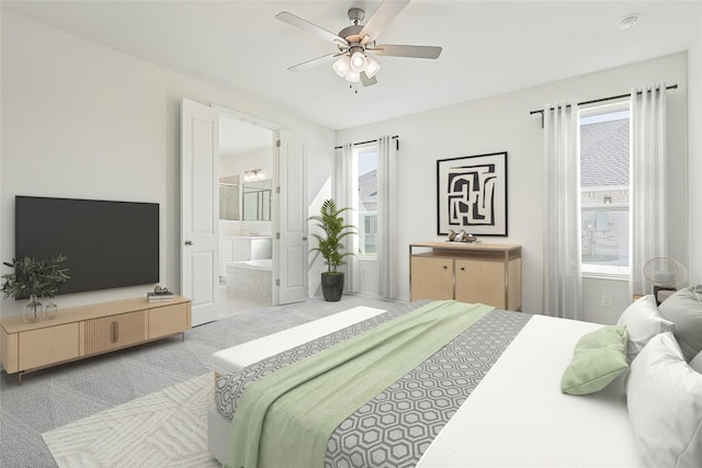 bedroom featuring ensuite bathroom, a ceiling fan, and light colored carpet