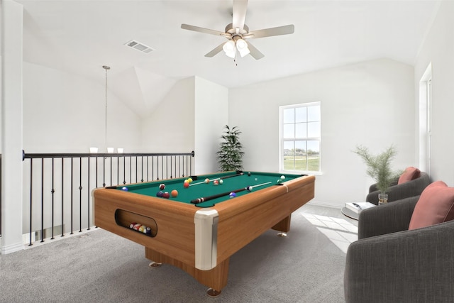 rec room featuring billiards, visible vents, a ceiling fan, light colored carpet, and vaulted ceiling