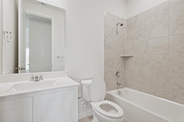 full bathroom featuring toilet, vanity, shower / tub combination, and visible vents