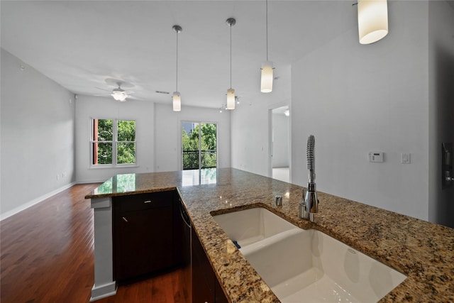 kitchen with dark wood finished floors, open floor plan, a sink, and dark brown cabinets