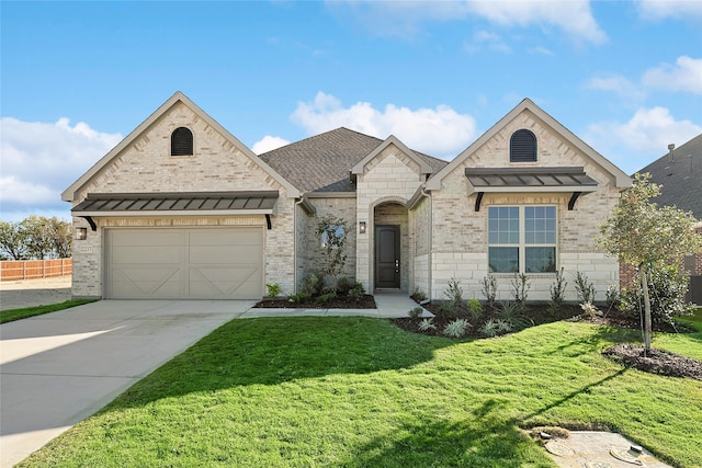 french country home featuring driveway, brick siding, a standing seam roof, and a front yard