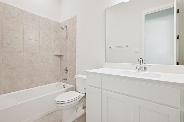 bathroom with tile patterned flooring, shower / bath combination, vanity, and toilet