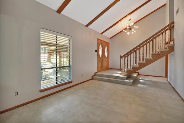 foyer with high vaulted ceiling, a chandelier, and beamed ceiling