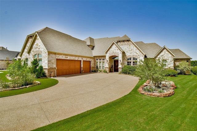 french country style house with a garage and a front yard