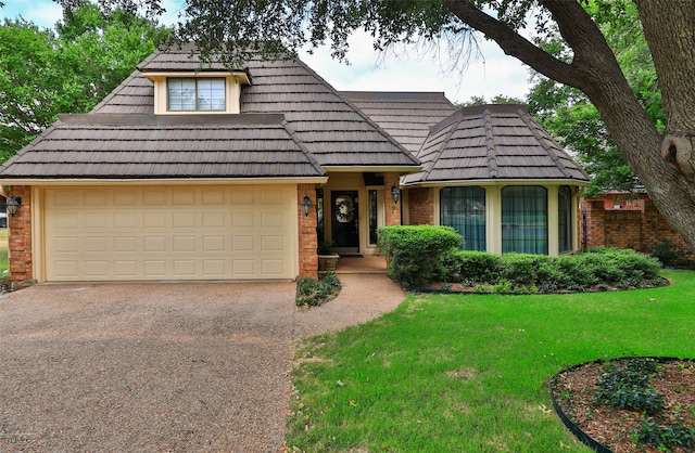 view of front of house with a garage and a front lawn