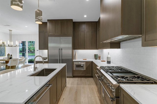 kitchen with backsplash, sink, light wood-type flooring, wall chimney range hood, and premium appliances