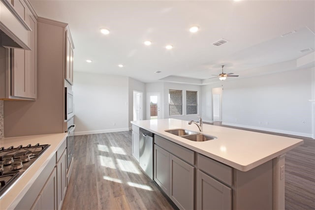 kitchen with ceiling fan, appliances with stainless steel finishes, sink, wood-type flooring, and a center island with sink