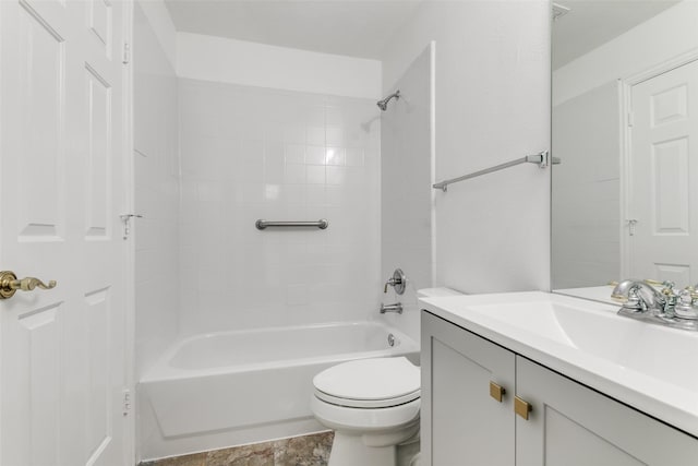 full bathroom with toilet, vanity, and washtub / shower combination