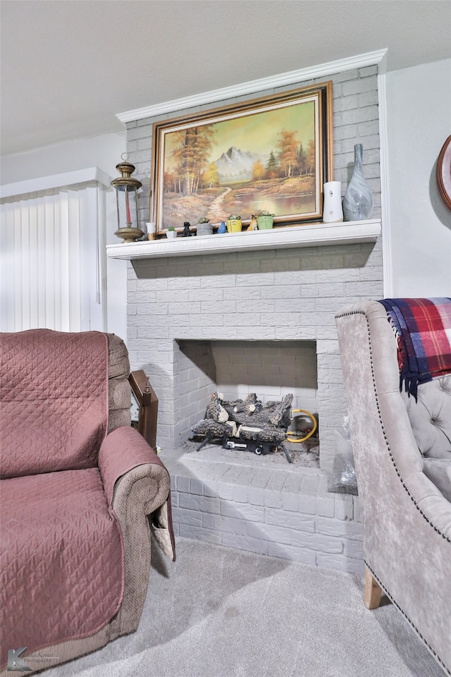 living room with a fireplace and carpet flooring