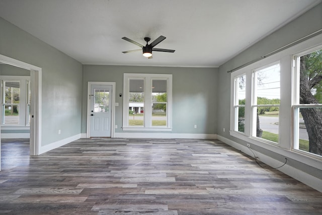 interior space with hardwood / wood-style floors and ceiling fan