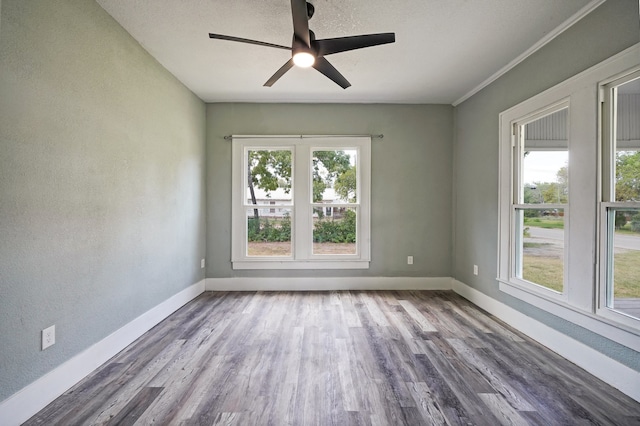 unfurnished room featuring hardwood / wood-style floors, a wealth of natural light, and ceiling fan