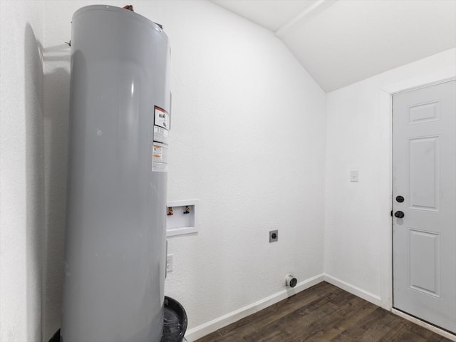 laundry room with hookup for a washing machine, dark hardwood / wood-style floors, gas water heater, and hookup for an electric dryer