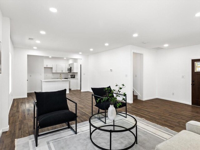 living room featuring wood-type flooring and sink