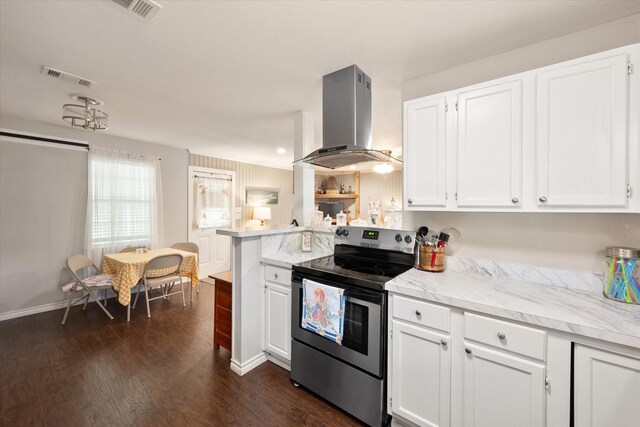 kitchen featuring stainless steel electric range, light stone countertops, white cabinetry, dark hardwood / wood-style floors, and wall chimney exhaust hood