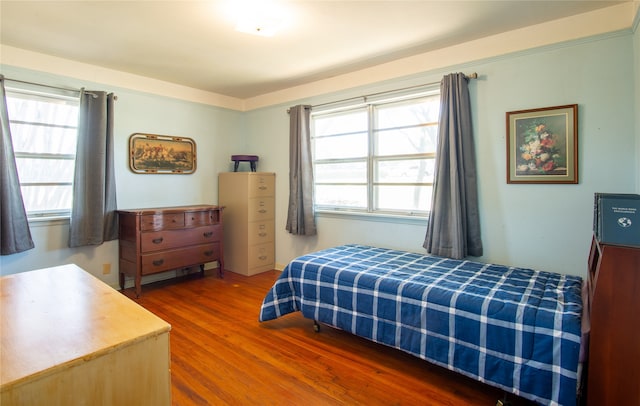 bedroom featuring multiple windows and dark hardwood / wood-style floors