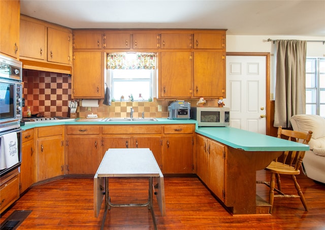 kitchen with appliances with stainless steel finishes, dark hardwood / wood-style floors, a healthy amount of sunlight, and sink