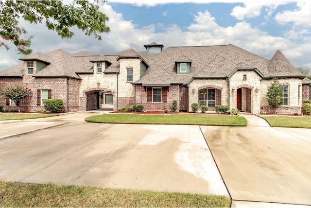 french provincial home with a front yard, concrete driveway, brick siding, and stone siding