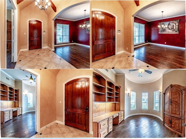 foyer featuring ceiling fan with notable chandelier, light wood-type flooring, and ornamental molding