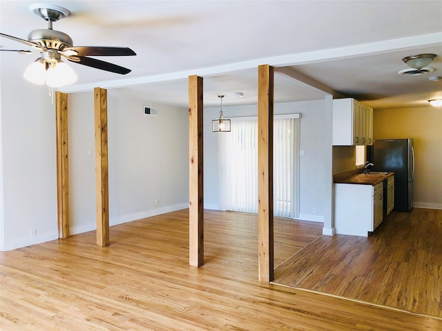 kitchen featuring pendant lighting, ceiling fan, light hardwood / wood-style floors, and white cabinetry