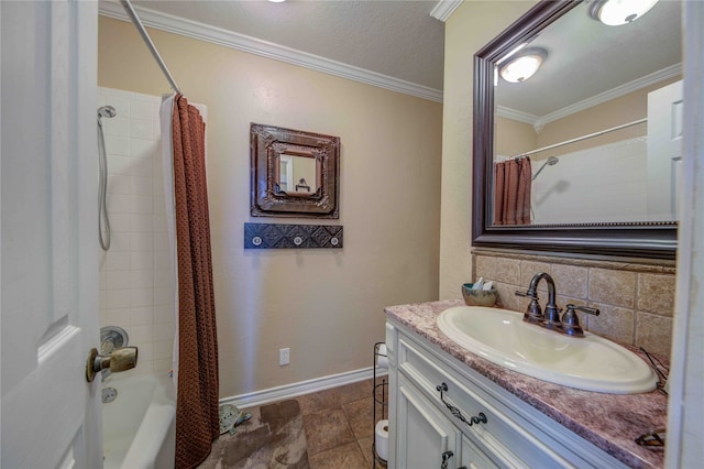 bathroom with shower / bathtub combination with curtain, ornamental molding, backsplash, and vanity