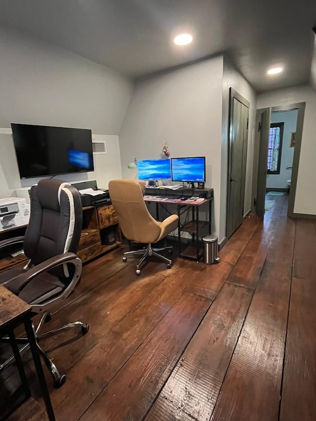 office area with dark hardwood / wood-style flooring