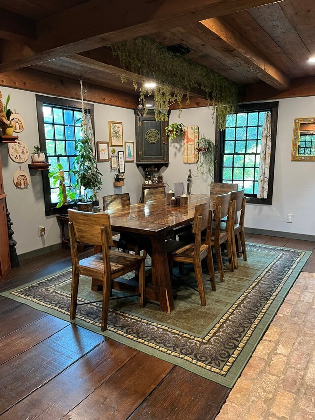 dining room with a healthy amount of sunlight, beamed ceiling, wooden ceiling, and hardwood / wood-style floors