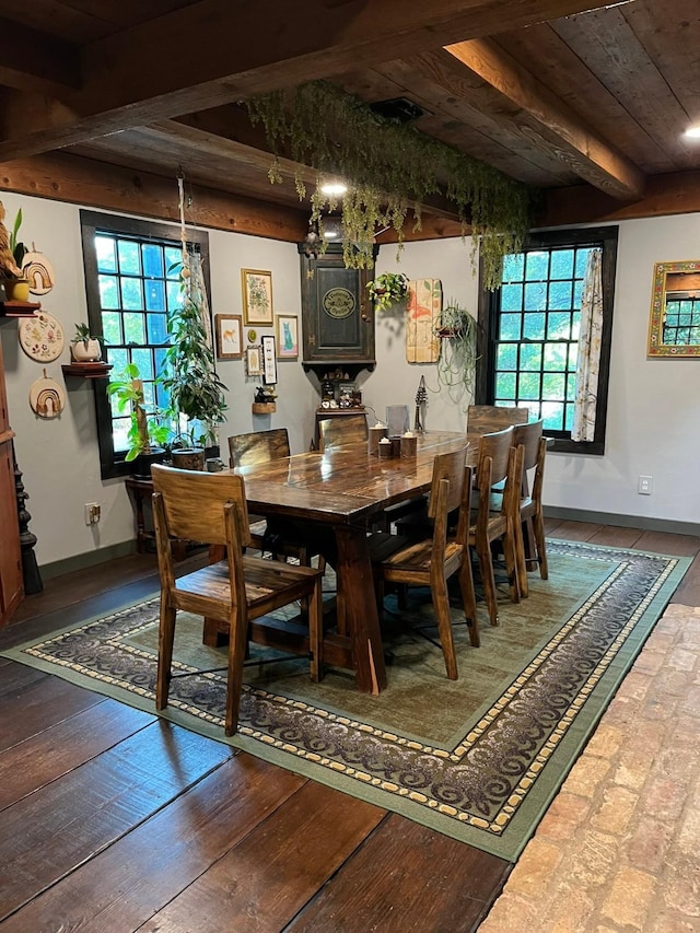 dining room featuring beamed ceiling, wood-type flooring, and wood ceiling