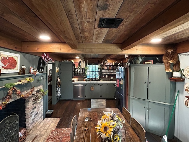 interior space with sink, wood ceiling, beam ceiling, a fireplace, and dark hardwood / wood-style flooring