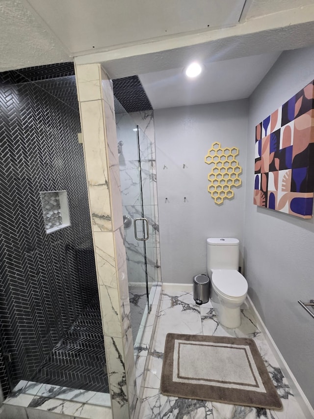 bathroom featuring toilet, tile patterned flooring, and an enclosed shower