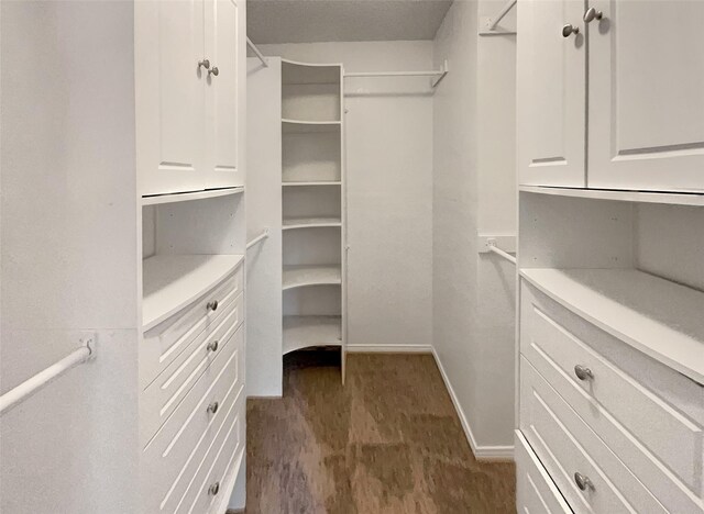 spacious closet with dark wood-type flooring